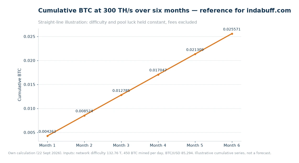 Line chart of cumulative BTC for a 300 TH/s miner over six months, rising evenly to 0.025571 BTC